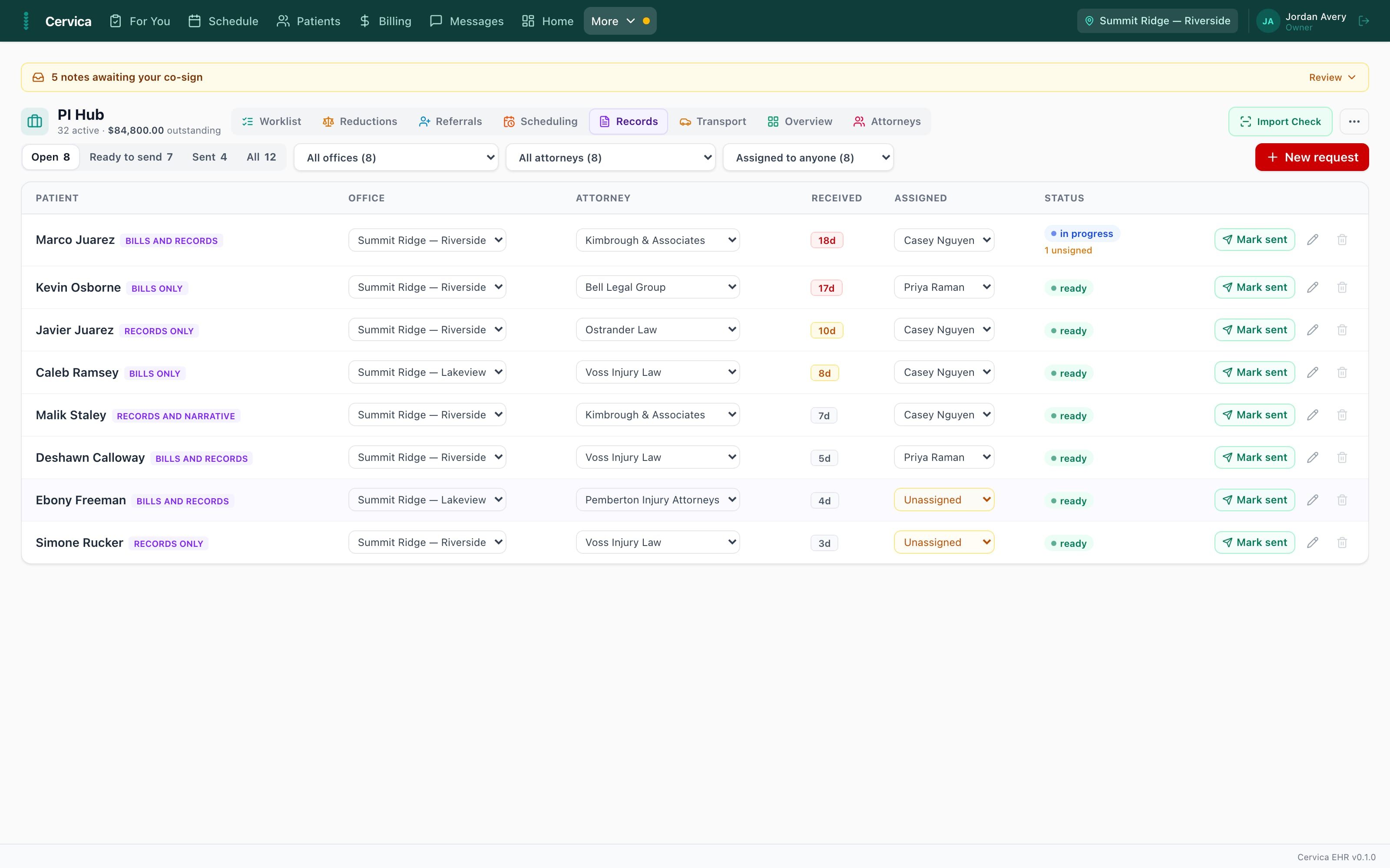 Cervica PI Hub records mode tracking records requests and status for every open case