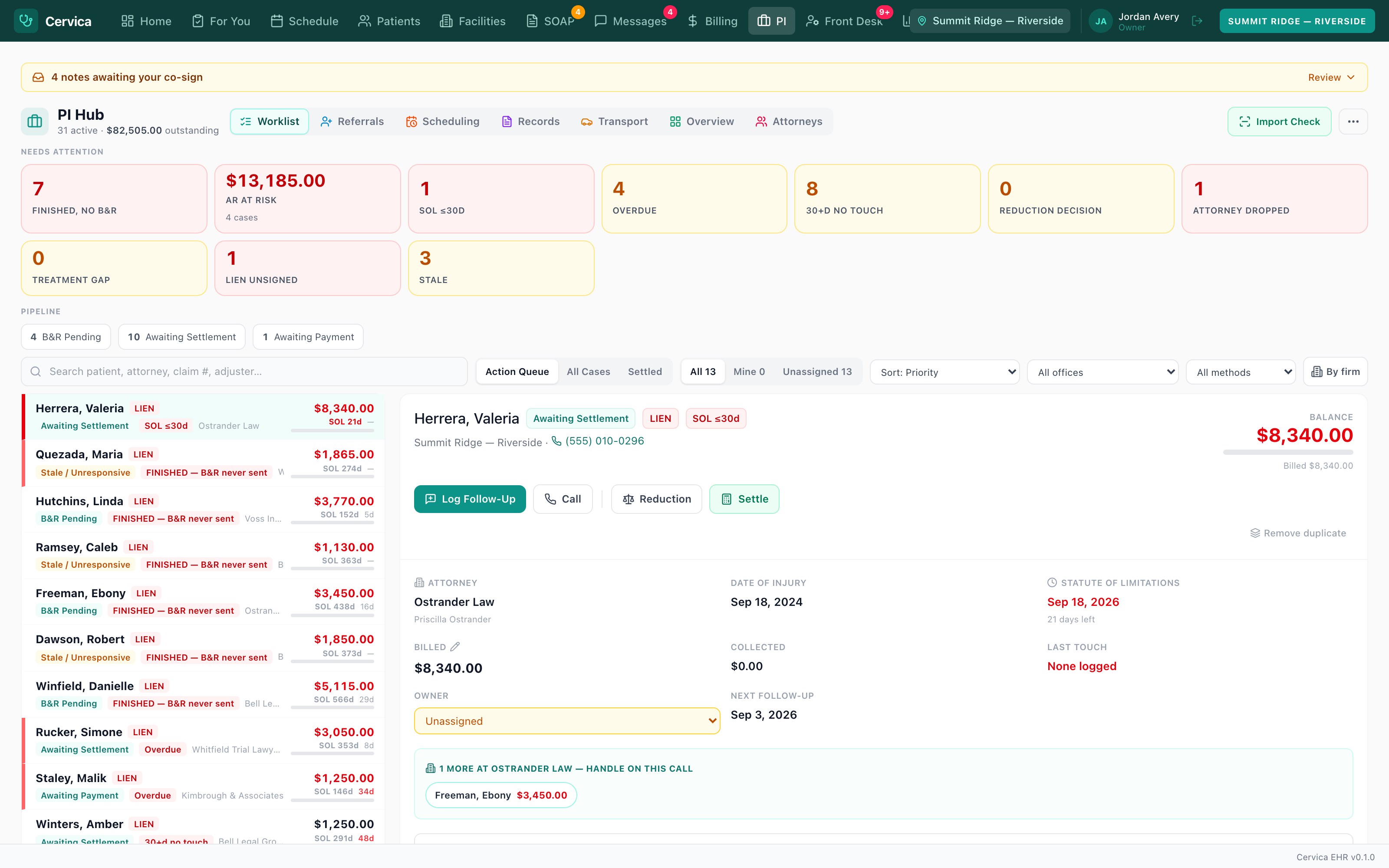 Cervica PI Hub worklist showing open cases with outstanding balances, statute of limitation countdowns, and case stages