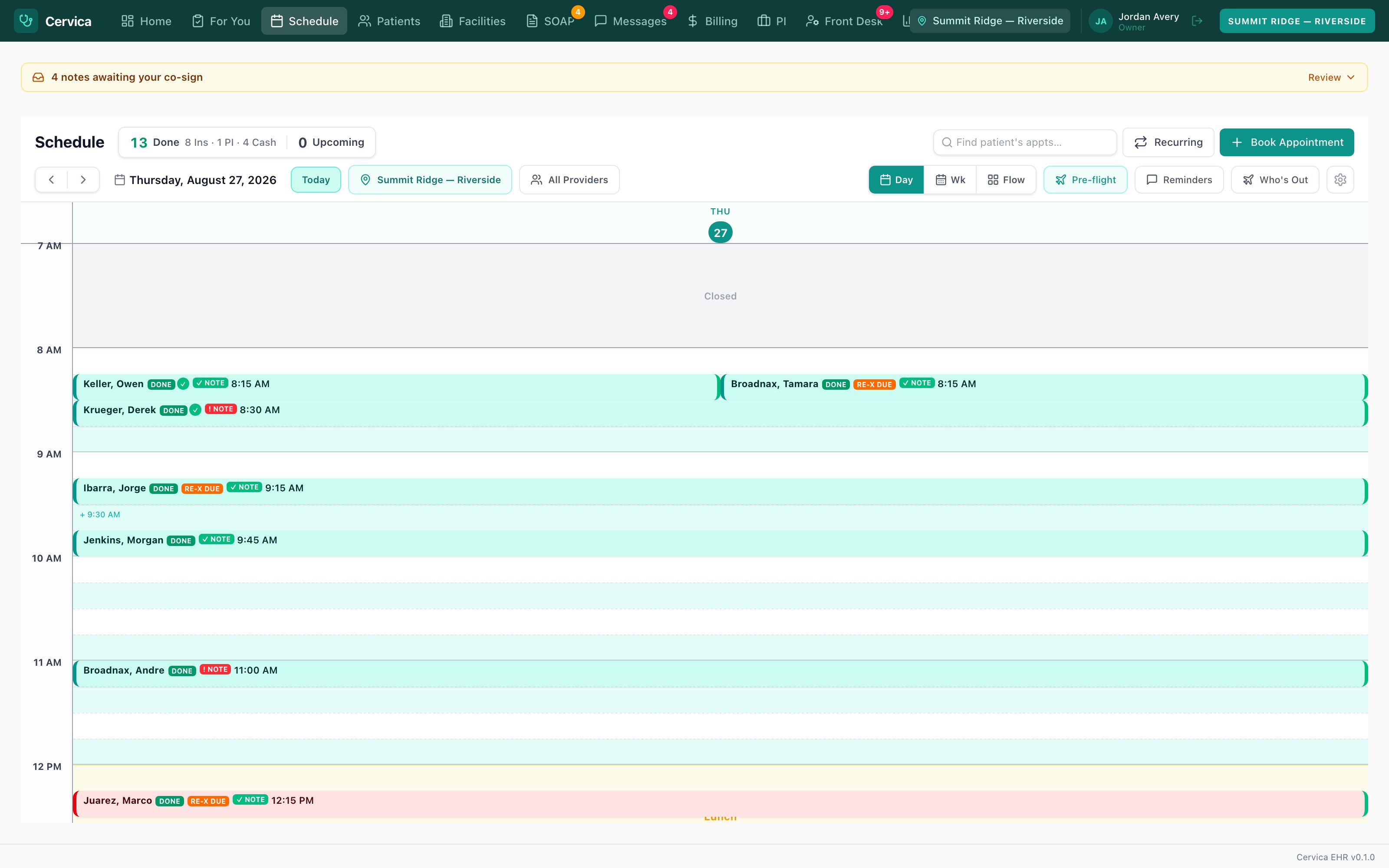 Cervica schedule for a full clinic day with note status on every appointment